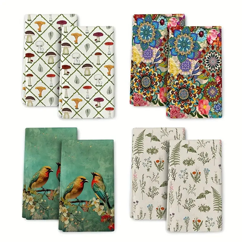 2 stuks, handdoeken, vaatdoek met paddenstoel, dahlia, mandarablad en kardinaalprint