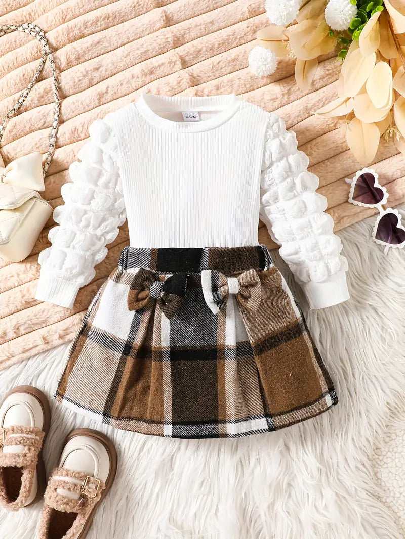 2-Piece Toddler Girl’s Stylish Outfit Set - Long Sleeve Lantern Sleeve T-Shirt & Skirt with Bow Detail for Fall/Winter