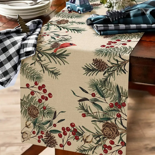 Charming Winter Pine & Berry Table Runner - Festive Red Birds Design