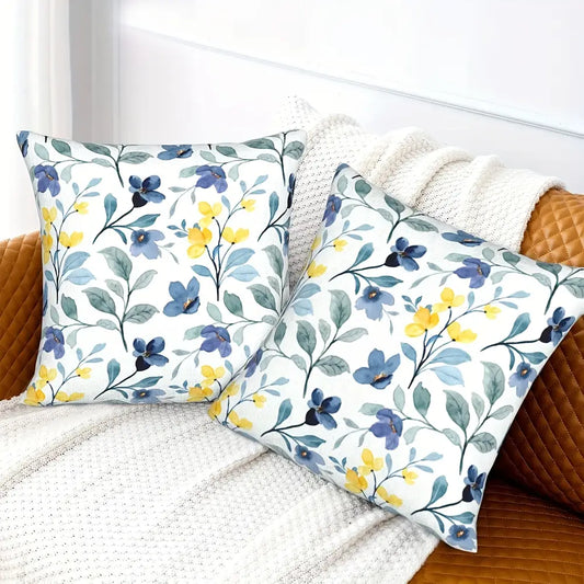 Lot de 2 housses de coussin modernes en lin à motif floral et feuilles printanières