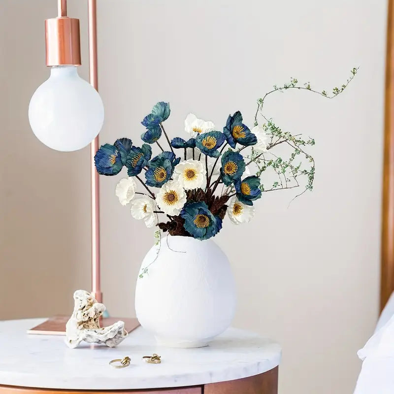 Blue & White Poppy Bouquet - Wedding Home Decor Centerpiece