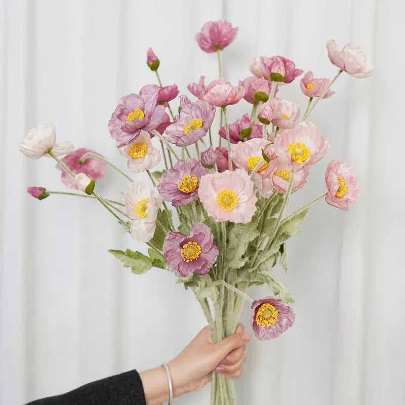 Fleur de pavot rose artificielle avec bourgeons – Tige florale en soie pour bricolage, décoration de maison et de mariage
