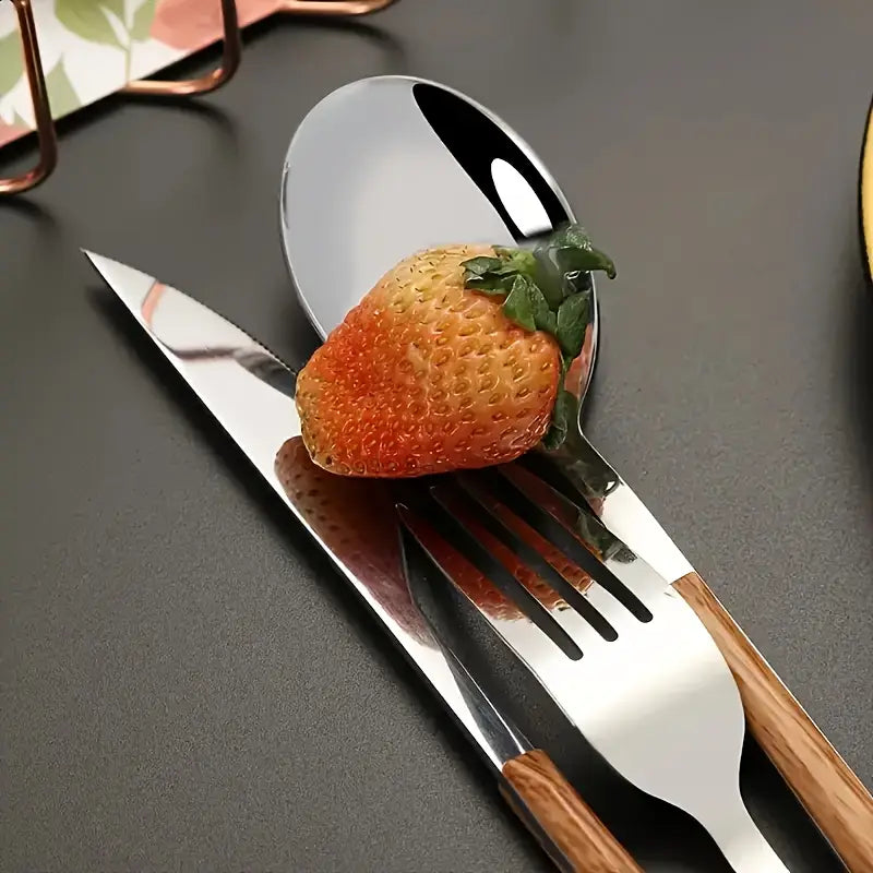 12pcs tableware with wood handles - including 3 forks, 3 spoons, 3 knives, and 3 dessert spoons