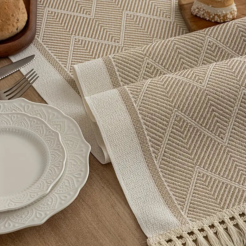 1pc Beige Striped Woven Table Runner with Fringe Tassels