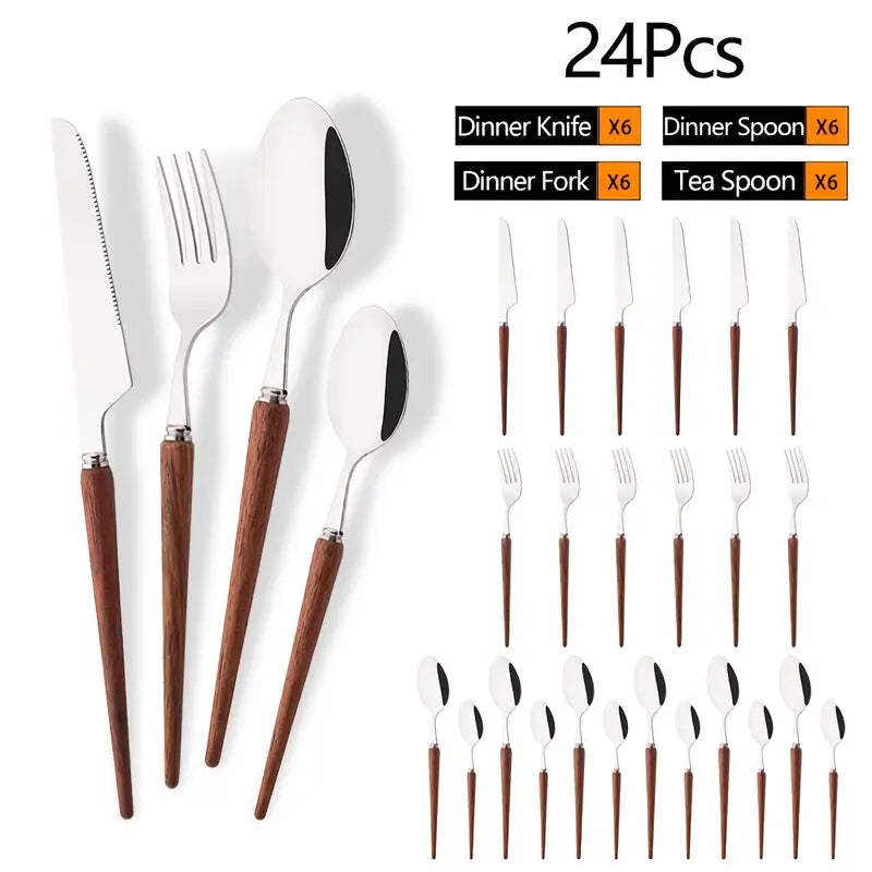 24PC Cutlery Set with Wooden Handles – Elegant Stainless Steel Dinnerware