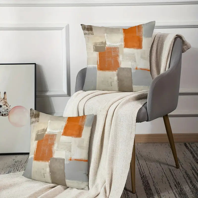 Lot de 2 housses de coussin décoratives abstraites orange, beige et gris – Housses de coussin décoratives modernes