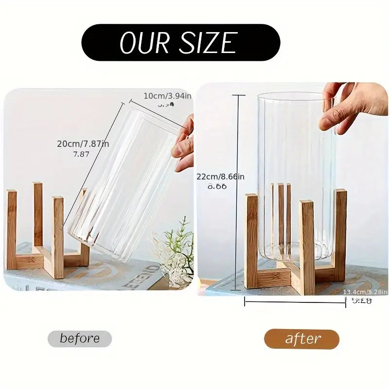 8" Ribbed Glass Vase - Wood Base, Centerpiece Candle Holder
