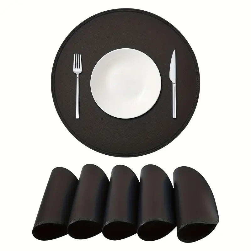 6pcs Set of Black Round and Oval Faux Leather Table Mats