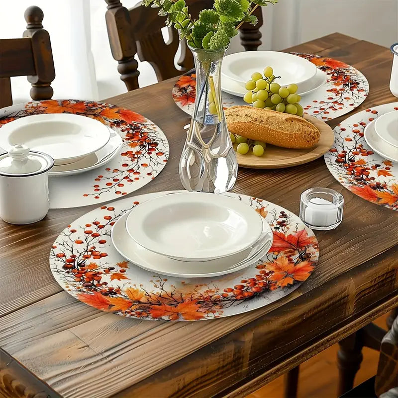 Round Linen Placemats - 4pcs Washable Rustic Berry Table Mats
