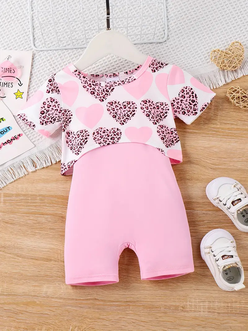 Leopard Heart Print Crop Top & Romper Set | 2-Piece Summer Outfit for Toddler Girls