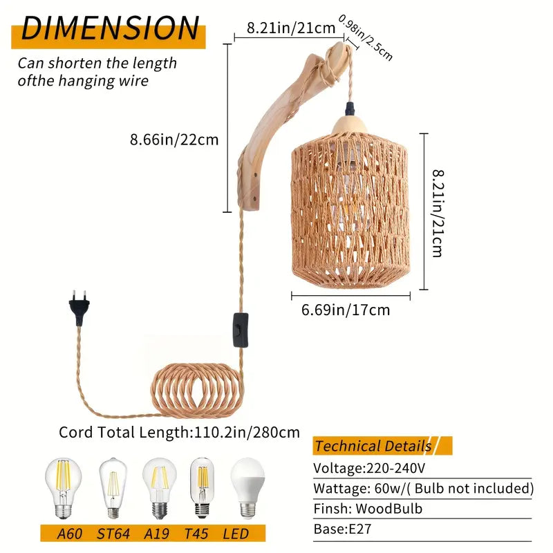 Hand Woven Rattan Wall Sconce - Plug In - Boho Farmhouse Lighting