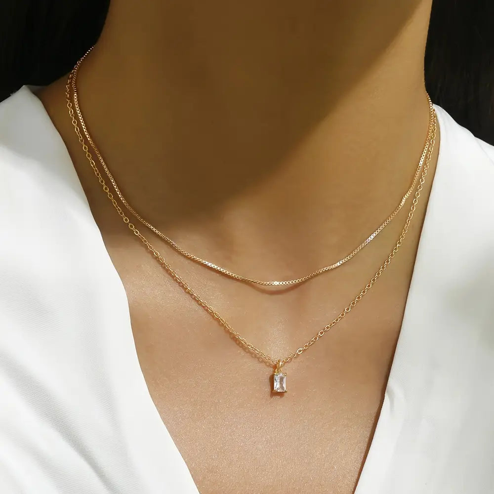 Elegant Square Zirconia Pendant Double Layer Necklace