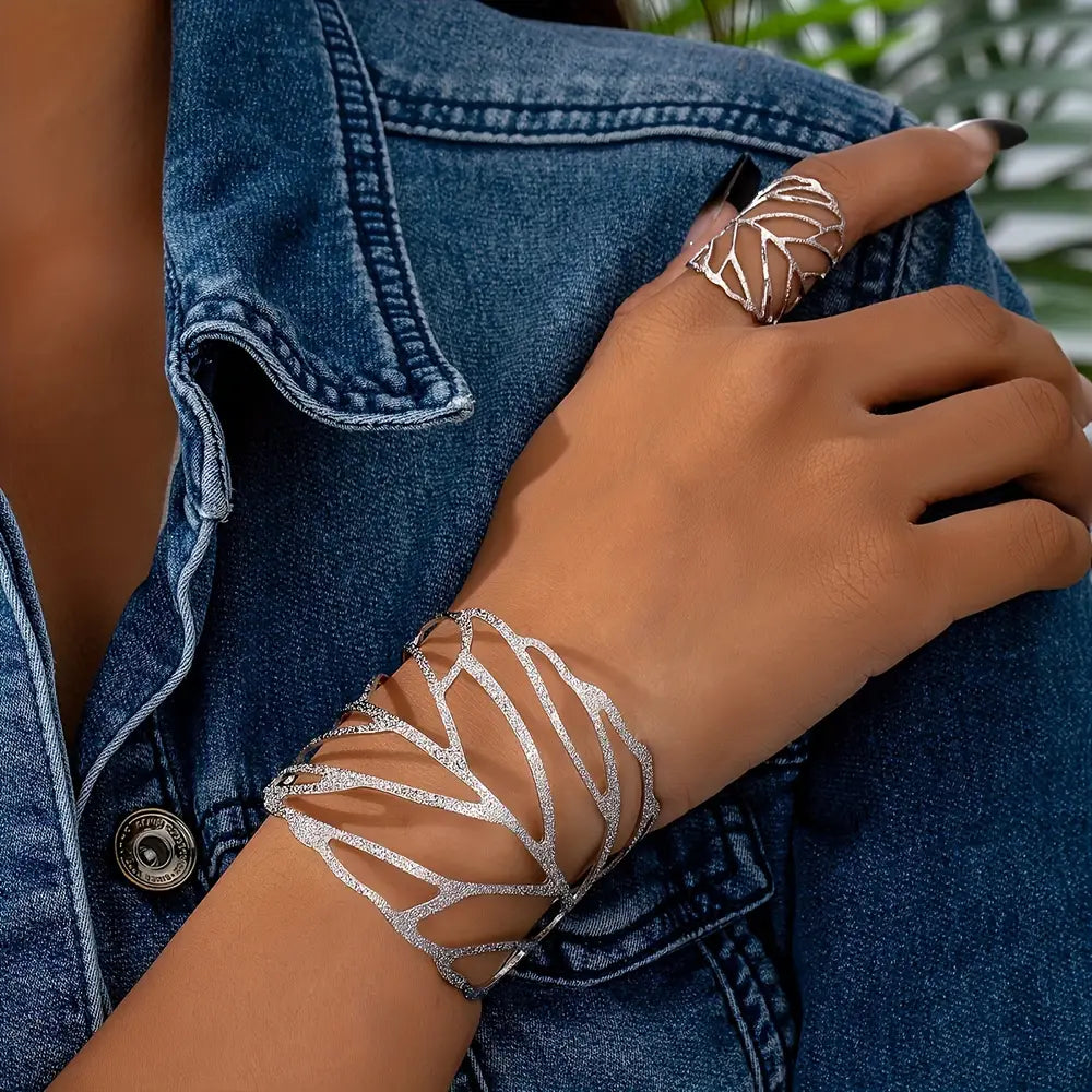 Ensemble de bijoux 2 pièces au design chic et feuille : bracelet manchette ouvert et bague