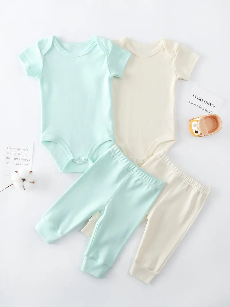 Ensemble 4 pièces pour bébé garçon | Barboteuse à manches courtes et pantalon en coton – Lavable en machine