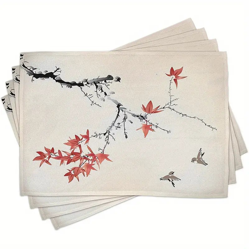 4PC Sakura Placemat Set – 12x18" Linen Watercolor Cherry Tree Table Mats