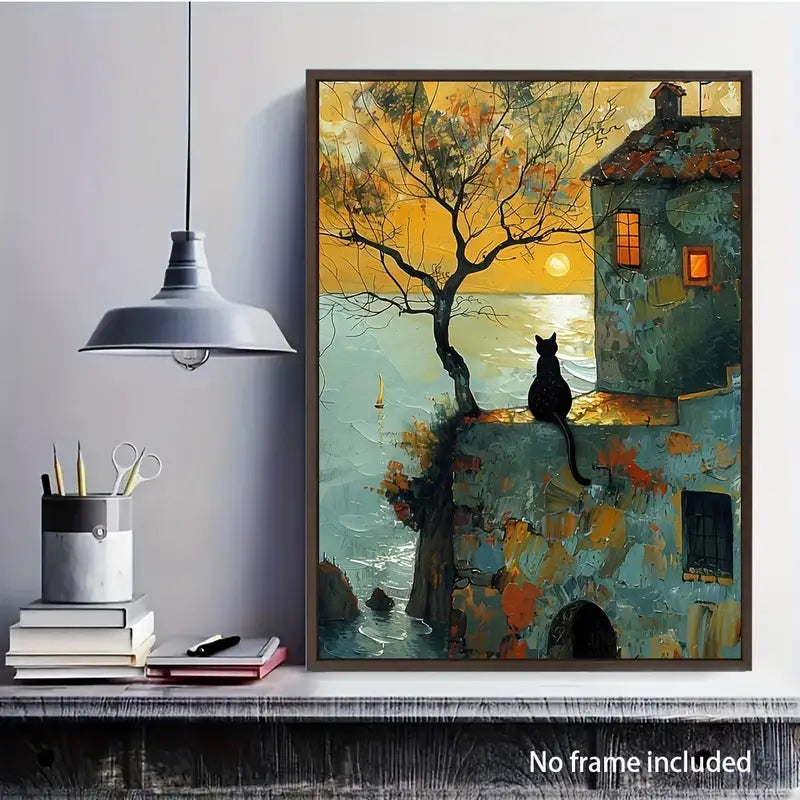 Canvaskunst met zwarte kat op zonsopgang – 12x16 waterdichte, frameloze print voor thuis en kantoor