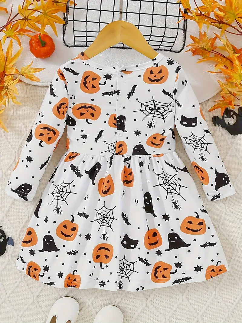 Robe d'Halloween pour bébé fille | Tenue à manches longues à imprimé citrouille, fantôme et chat