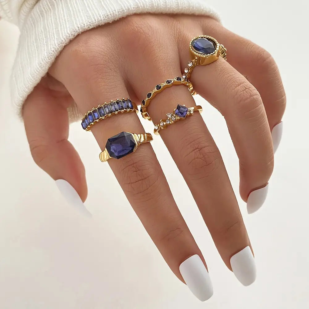 5pcs Elegant Women's Ring Set with Blue & Purple Gemstones - Golden-Toned Alloy, Rhinestone Accents