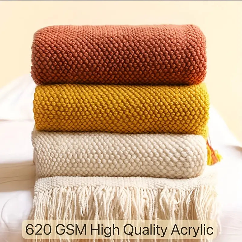 Knitted Throw Blanket with Tassels - Lightweight Bubble Texture