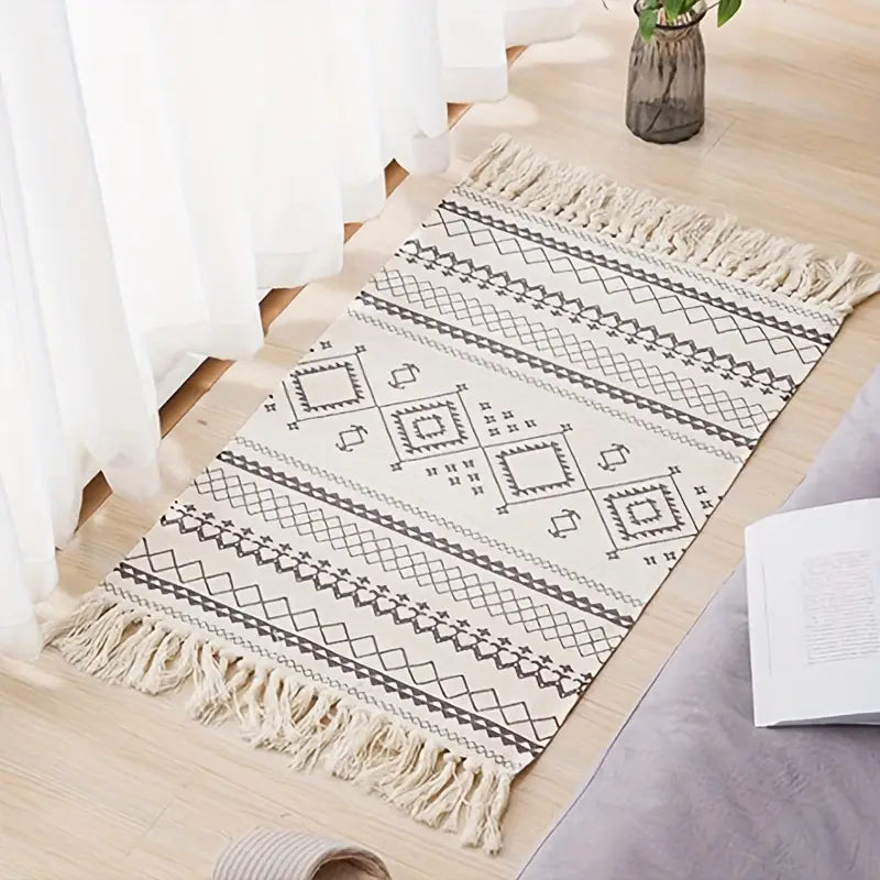 Bohemian Geometric Handwoven Area Rug - 1pc Washable Runner with Tassels