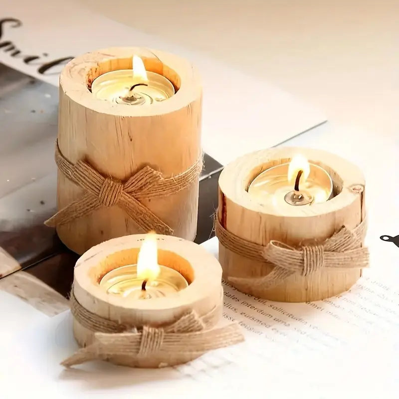 Rustic Pine Candle Holder Set - Burlap Bow Home Decor