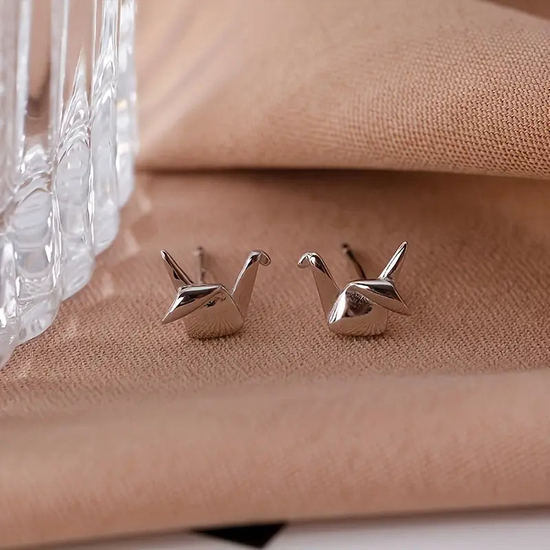 Minimalistic Style Silver-Plated Crane Stud Earrings