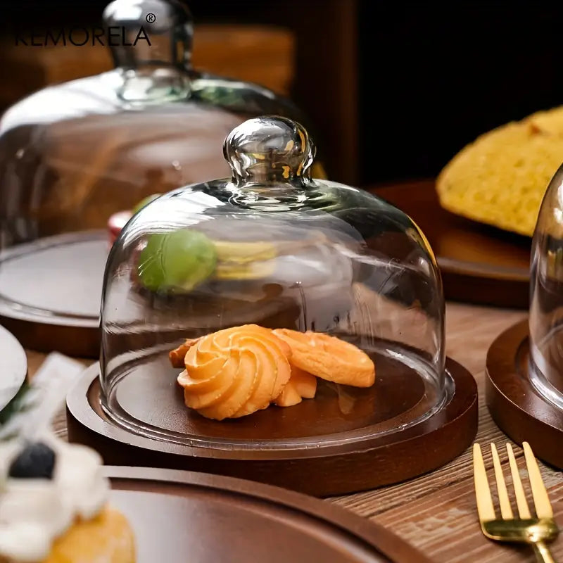 Wooden Round Dessert Plate with Glass Dome Cover - Natural Wood Serving Tray for Cakes