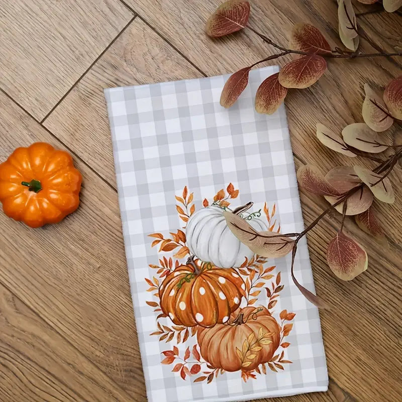 2-pack moderne herfstkeukendoeken, oranje pompoen & grijs buffelruitmotief