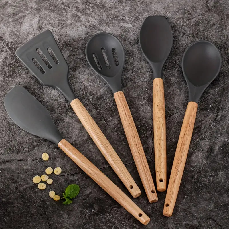 5pcs Silicone Kitchen Spatula Set with Wooden Handles