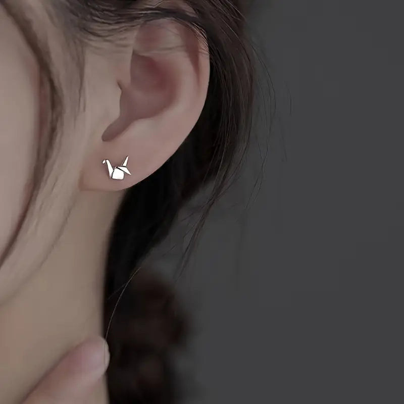 Minimalistic Style Silver-Plated Crane Stud Earrings