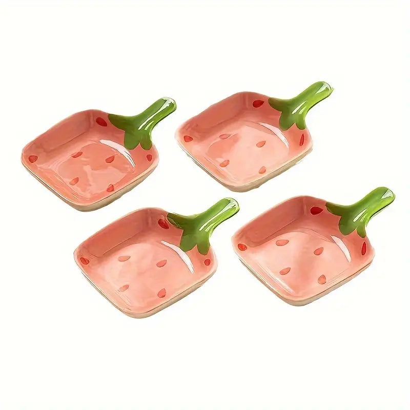 2PCS Strawberry Sauce Dishes – Handled Ceramic Plates for Snacks & Cheese