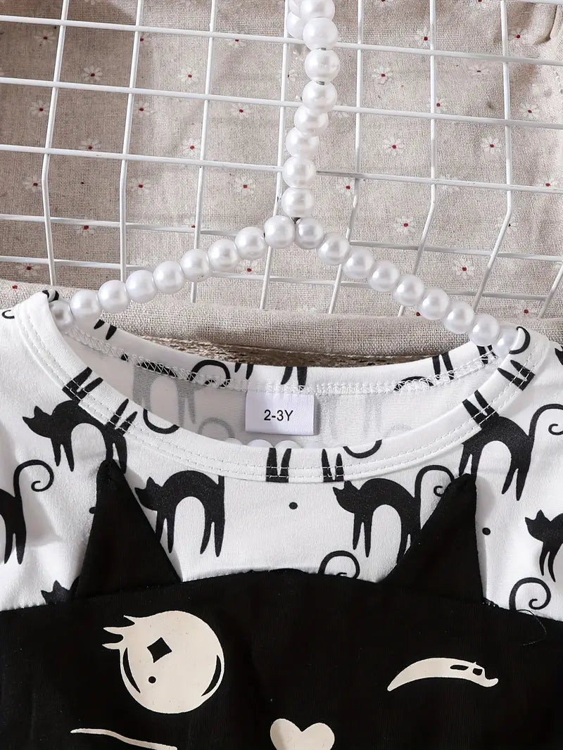 Robe à imprimé chat pour tout-petit | Jolie tenue à manches longues avec jupe en tulle – Mélange de polyester doux