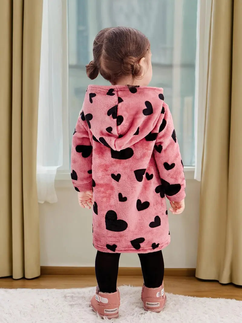 Robe à capuche pour bébé fille | Tenue à manches longues et motif cœurs pour l'automne et l'hiver