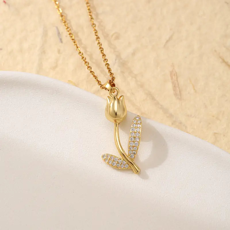 Floral Pendant Necklace - Stainless Steel Hypoallergenic