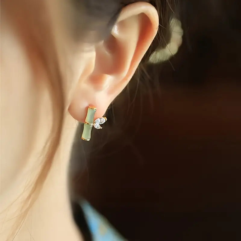 Bamboo Earrings Zircon Studs - Modern Eastern Style