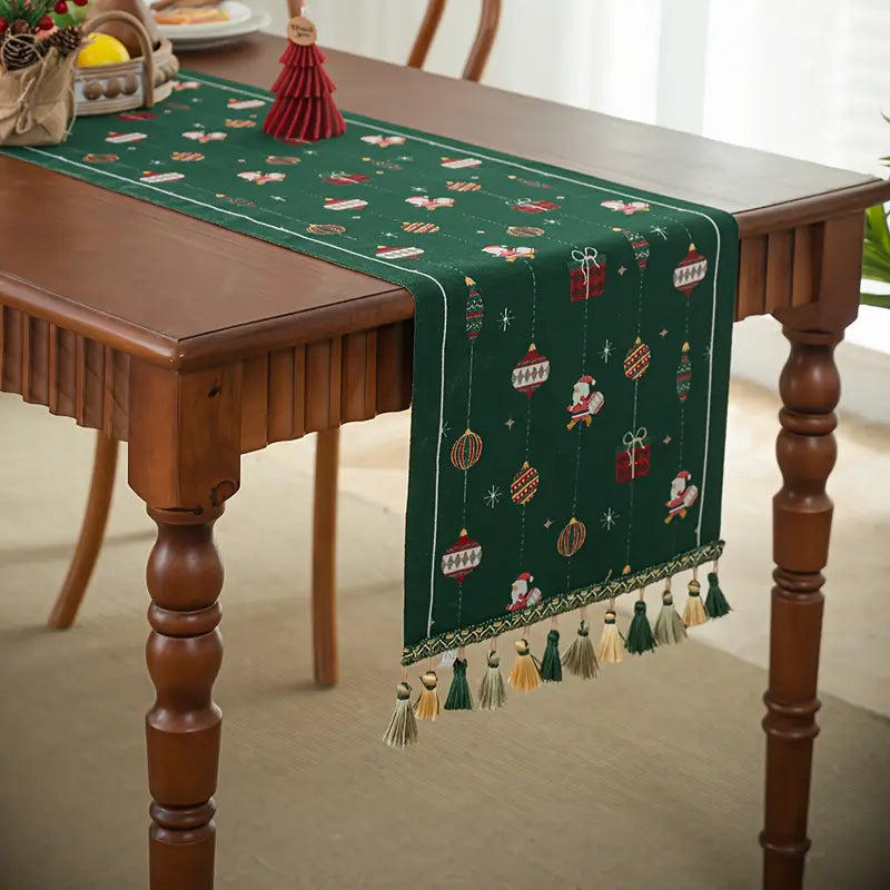 Christmas Table Runner Rustic Tassel Festive Holiday Decor