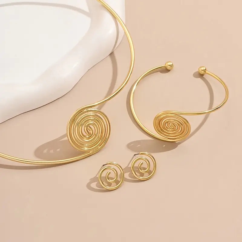 Geometric Jewelry Set: Hollow Earrings, Bracelet, Necklace
