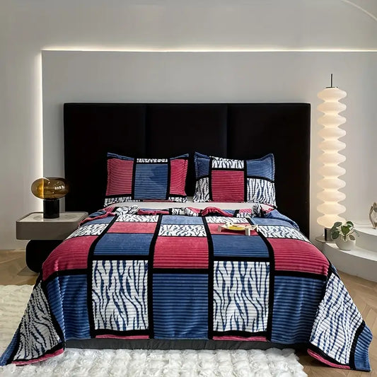 1pc Printing Stitching Plaid Plush Blanket Multifunctional Throw Blanket