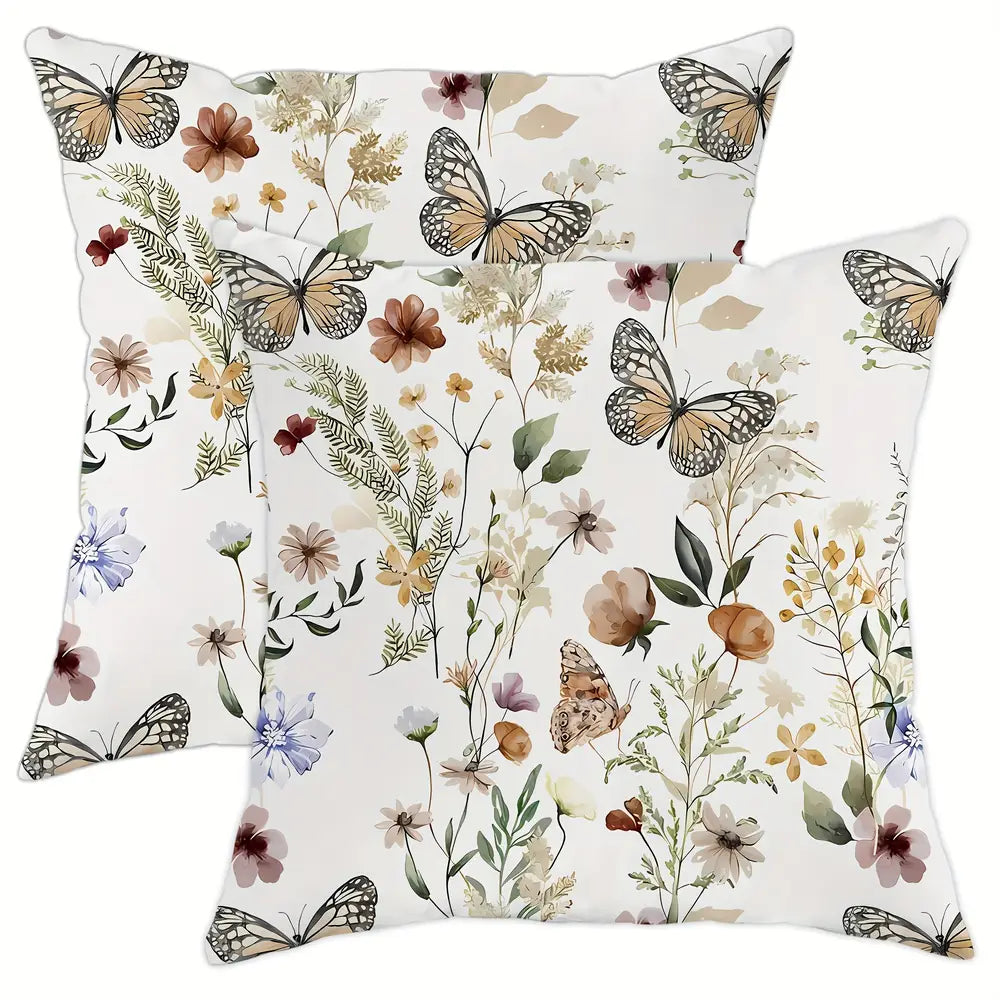 Lot de 2 housses de coussin décoratives en velours, motif floral et papillon, blanc, 45,72 x 45,72 cm