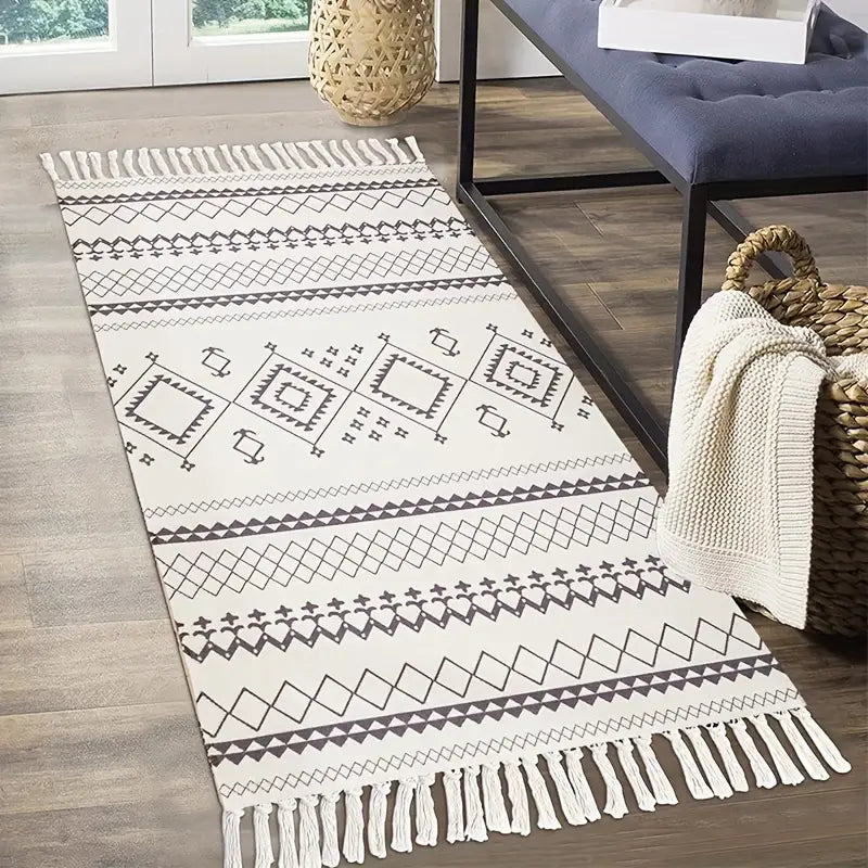 Bohemian Geometric Handwoven Area Rug - 1pc Washable Runner with Tassels