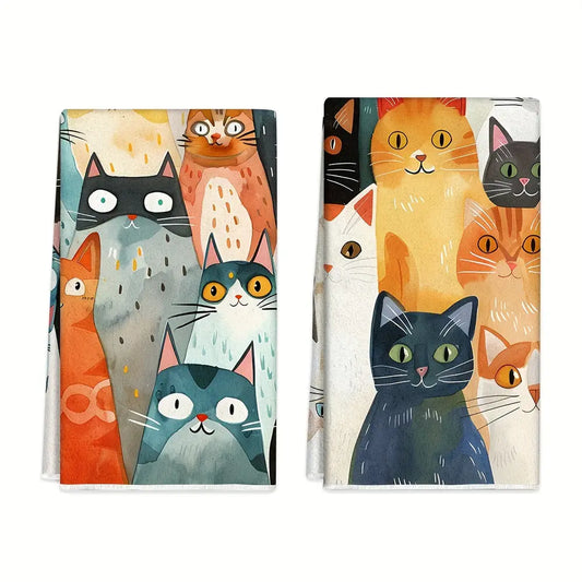 2pcs Whimsical Cat Abstraction Hand Towels - Ultra-Soft, Absorbent & Machine Washable