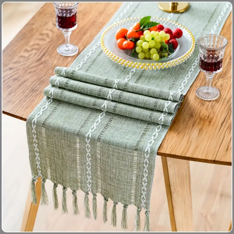 Rustic Boho Farmhouse Table Runner – Linen with Tassels, Handmade Embroidery
