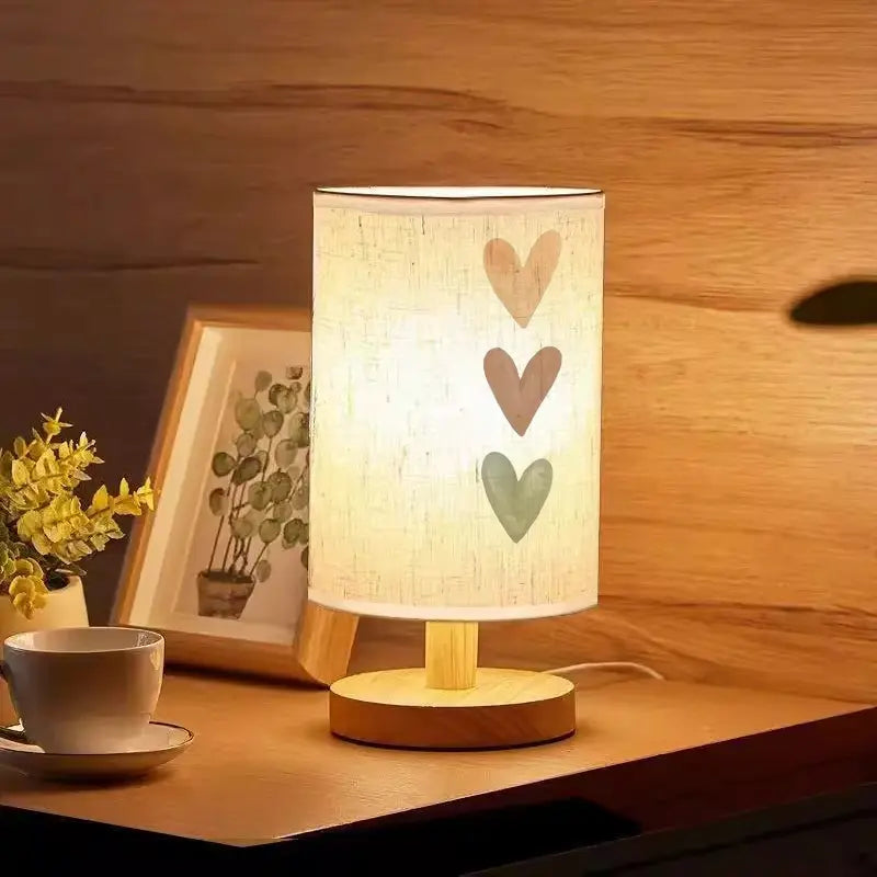 Heart Print Bedside Lamp - LED, USB Powered, Fabric Shade