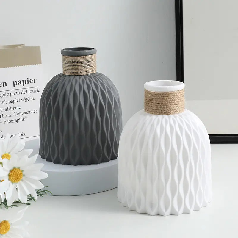 Elegant Morandi-Inspired Water Ripple Vase - Durable Plastic, Non-Slip Hemp Rope Design