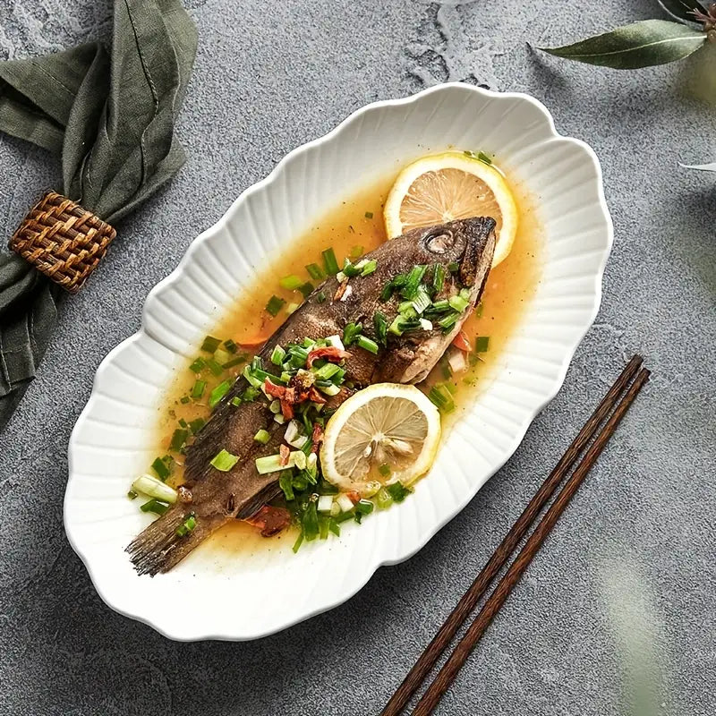 2PCS Oval Ceramic Fish Plates – Floral Serving Dishes for Dinner & Grill