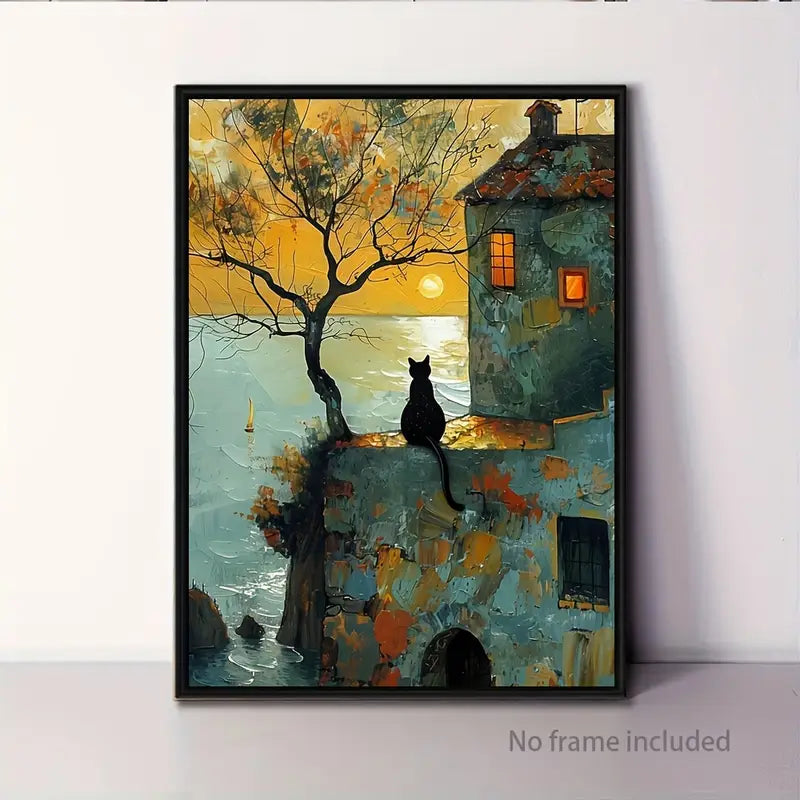 Canvaskunst met zwarte kat op zonsopgang – 12x16 waterdichte, frameloze print voor thuis en kantoor