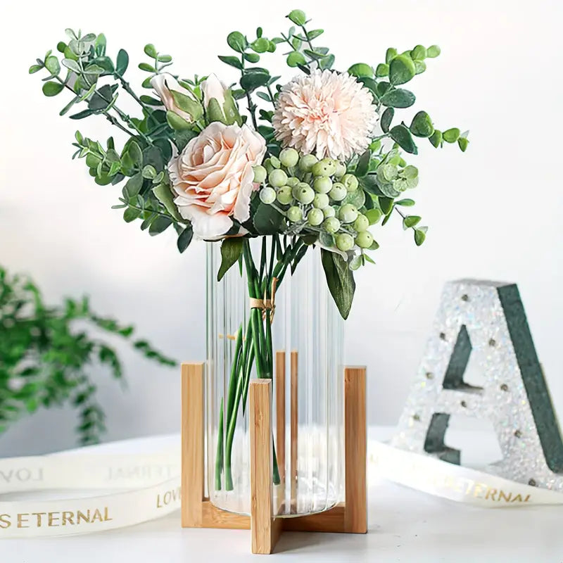 8" Ribbed Glass Vase - Wood Base, Centerpiece Candle Holder