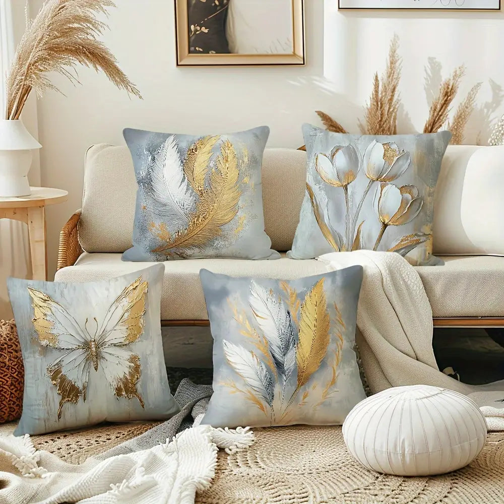 Lot de 4 housses de coussin style bohème chic, motifs plumes et papillons, 45,72 x 45,72 cm