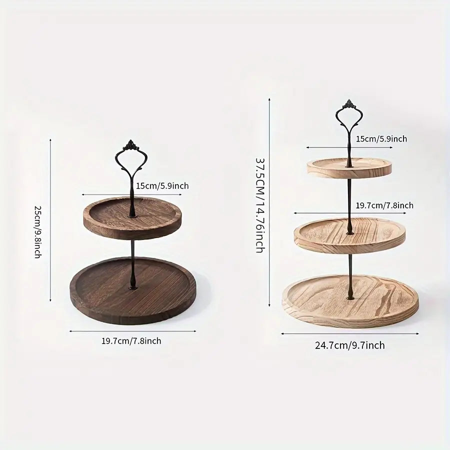 1pc Rustic 2/3-Tier Wooden Cake Stand - Cupcake Display Tray with Decorative Iron Accents