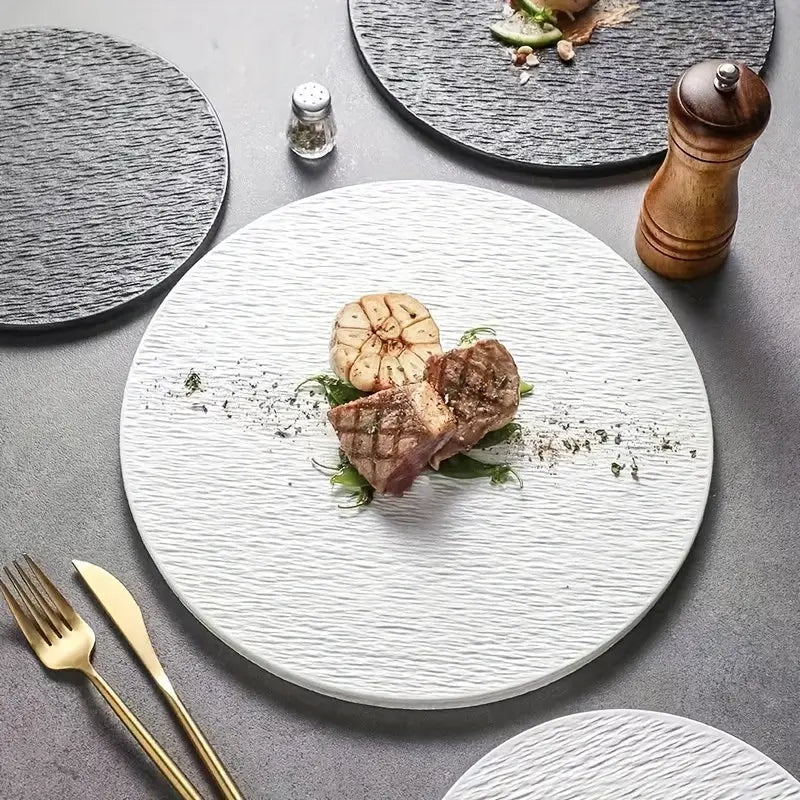 Ceramic Steak Plate – Textured White Dinner Platter for Home or Hotel Use